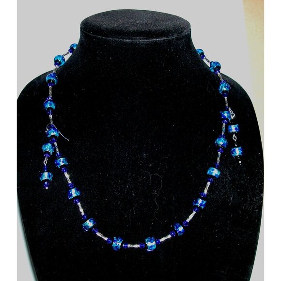 Blue Glass Beaded Necklace & Earrings Set With Silver Accents - Picture 6 of 6